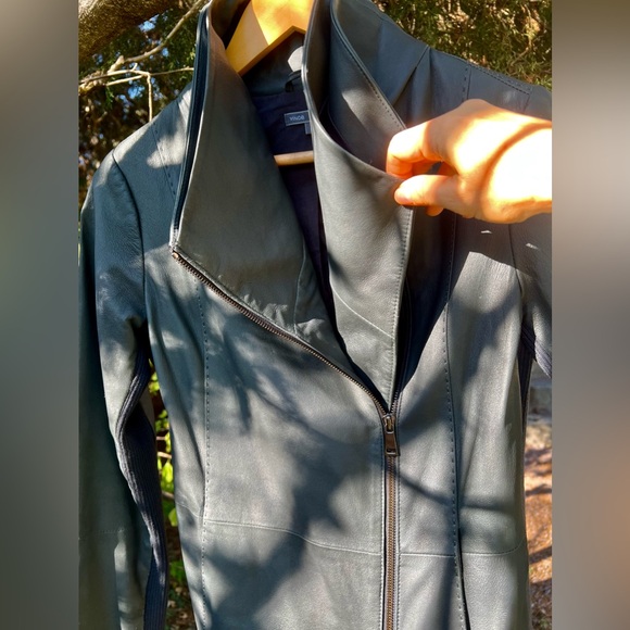 Vince 100% Goat Leather Moto Jacket Funnel Neck S Womens Charcoal Grey - Picture 2 of 16